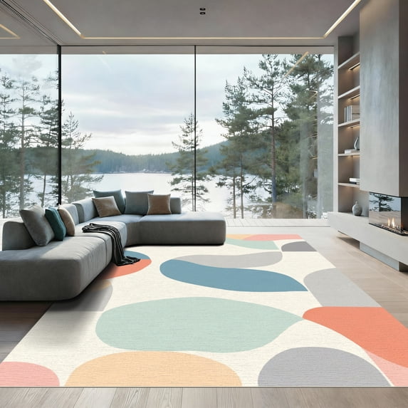 ODIKA 5'x7' Machine Washable Non-Slip Area Rug, Abstract White High Traffic Rug, White, 1069757