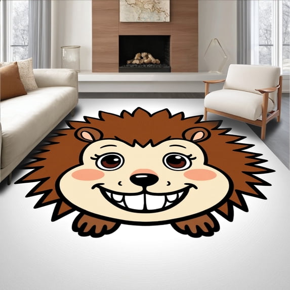 ODIKA 5'x7' Machine Washable Non-Slip Area Rug, Adorable Hedgehog Latch Project For Family Needlework Fun High Traffic Rug, Brown, 727594