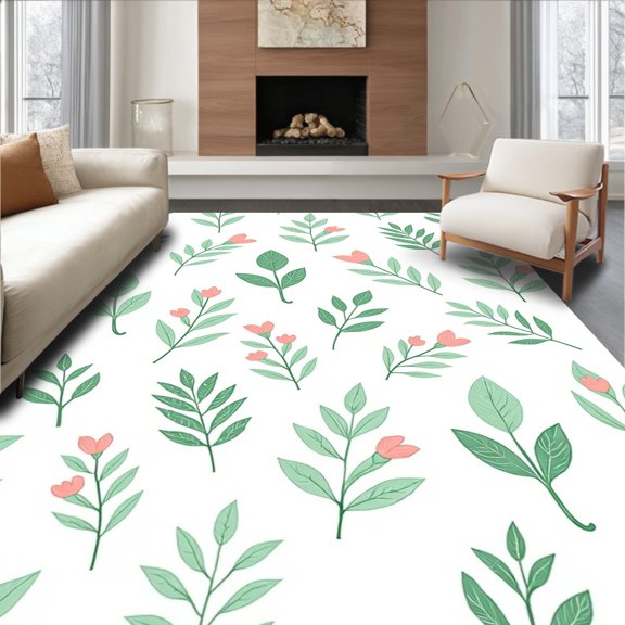 ODIKA 5'x7' Machine Washable Non-Slip Area Rug, Aesthetic Funk Botanical Leaf Spray with Delicate Petal Clusters High Traffic Rug, Green, 539183