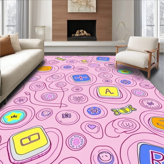 ODIKA 5x7 Machine Washable Non-Slip Area Rug, Alphabet Adventure with Numbers Animals and Train Tracks High Traffic Rug with Pad, Pink, 693107