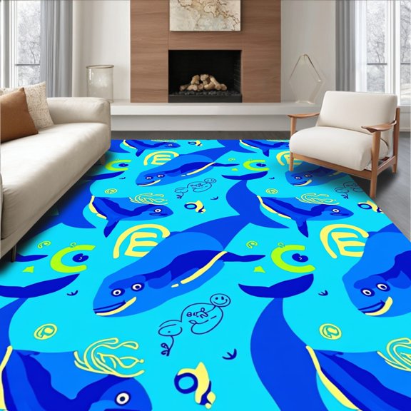 ODIKA 5x7 Machine Washable Non-Slip Area Rug, Alphabet Whale Parade with Playful Marine Motifs and Dancing Letters High Traffic Rug, Blue, 688882