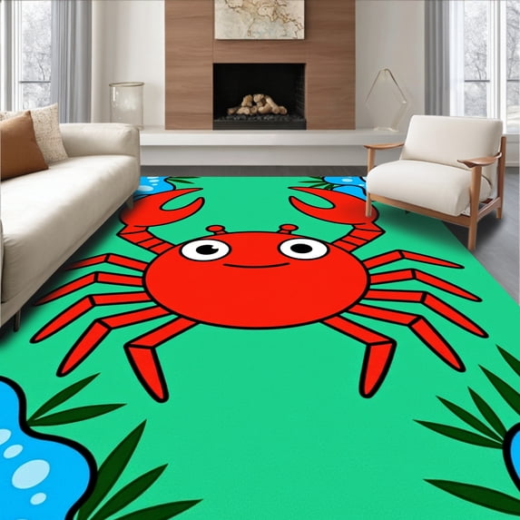 ODIKA 5'x7' Machine Washable Non-Slip Area Rug, Animated Seafood Character Hook Design with Vibrant Details High Traffic Rug with Pad, Red, 725010