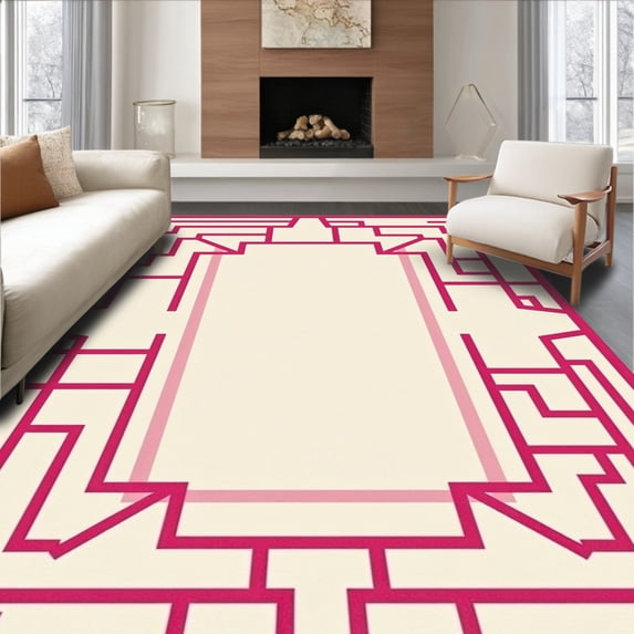 ODIKA 5'x7' Machine Washable Non-Slip Area Rug, Art Maze Motif Featuring Angular Interlocking Latticework High Traffic Rug, Pink, 555477