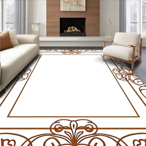 ODIKA 5'x7' Machine Washable Non-Slip Area Rug, Art Nouveau Floral With Flowing Curves And Feel High Traffic Rug, Brown, 572989