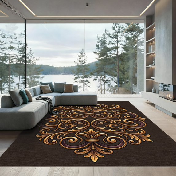 ODIKA 5'x7' Machine Washable Non-Slip Area Rug, Art Nouveau Gold High Traffic Rug, Gold, 1257112