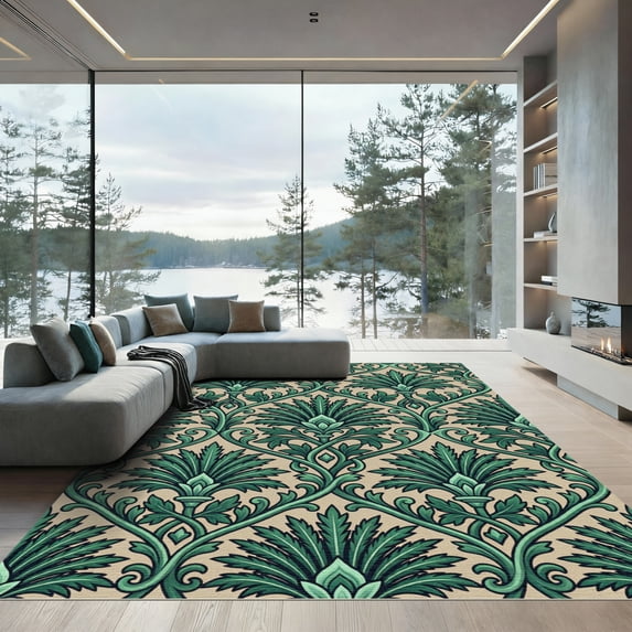 ODIKA 5'x7' Machine Washable Non-Slip Area Rug, Art Nouveau Green High Traffic Rug, Green, 957164