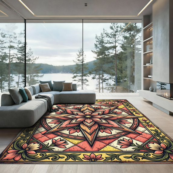 ODIKA 5'x7' Machine Washable Non-Slip Area Rug, Art Nouveau Pink High Traffic Rug, Pink, 974772