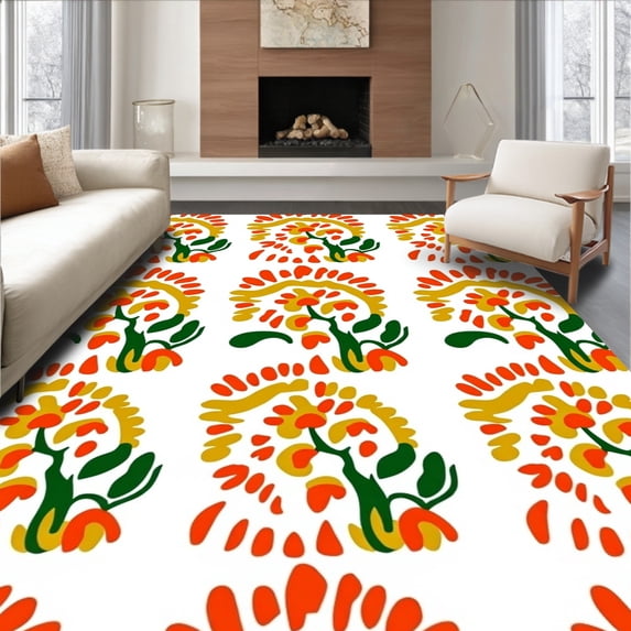 ODIKA 5'x7' Machine Washable Non-Slip Area Rug, Artful Patchwork Blend of Abstract Florals and Curvilinear Stripes High Traffic Rug, Orange, 718929