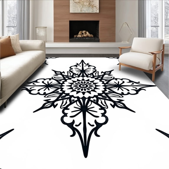ODIKA 5'x7' Machine Washable Non-Slip Area Rug, Artisan Boho Medallion Vintage Distressed Transitional High Traffic Rug with Pad, Black, 569534