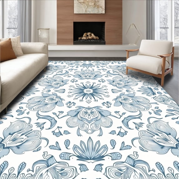 ODIKA 5'x7' Machine Washable Non-Slip Area Rug, Artisan Boho Mosaic Featuring Ornate Symmetrical Flourish High Traffic Rug, Blue, 552288
