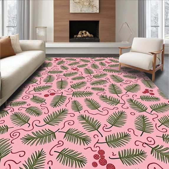 ODIKA 5'x7' Machine Washable Non-Slip Area Rug, Artisan Evergreen Boughs and Berry Cluster High Traffic Rug, Pink, 653197
