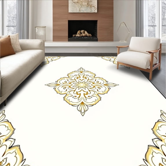 ODIKA 5'x7' Machine Washable Non-Slip Area Rug, Artisan Floral Damask Vintage Inspired Capitola High Traffic Rug, Gold, 519014