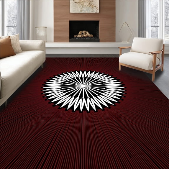 ODIKA 5'x7' Machine Washable Non-Slip Area Rug, Artisan Radial Starburst Intersecting Wave Minimalist High Traffic Rug, Black, 657697