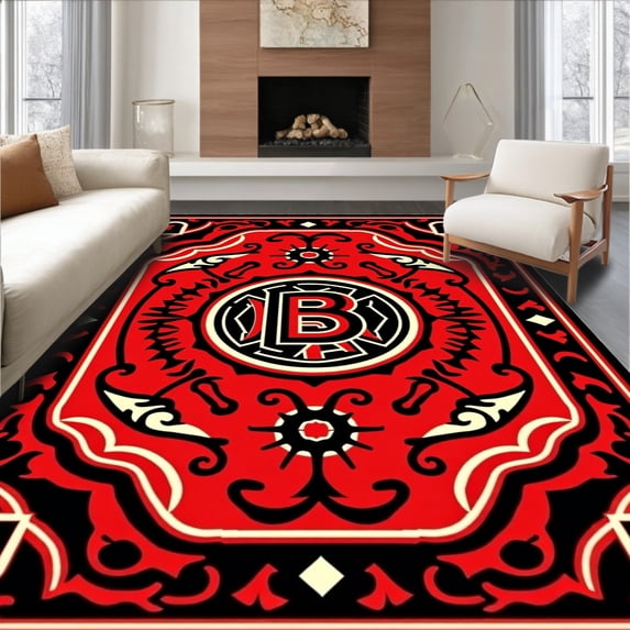 ODIKA 5'x7' Machine Washable Non-Slip Area Rug, Athletic Team Spirit Medallion Accent with Championship Emblem High Traffic Rug, Red, 668901