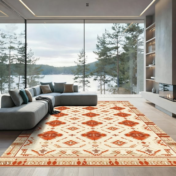ODIKA 5'x7' Machine Washable Non-Slip Area Rug, Aztec Beige High Traffic Rug, Beige, 1081745