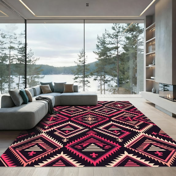 ODIKA 5'x7' Machine Washable Non-Slip Area Rug, Aztec Black High Traffic Rug, Black, 1014817