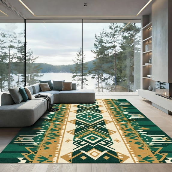 ODIKA 5x7 Machine Washable Non-Slip Area Rug, Aztec Dark Green High ...