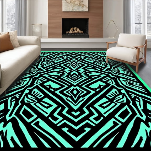 ODIKA 5'x7' Machine Washable Non-Slip Area Rug, Aztec Primitive Nomadic Ancient High Traffic Rug, Black, 567596