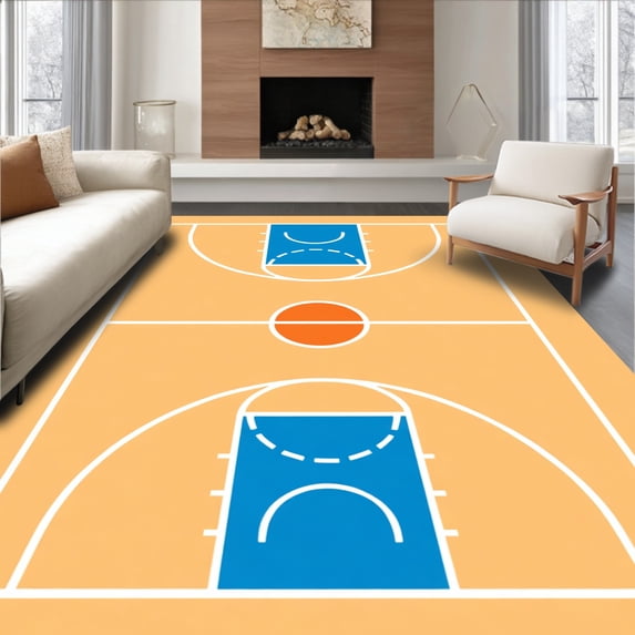 ODIKA 5'x7' Machine Washable Non-Slip Area Rug, Basketball Court Wood Floor Key Lines Orange Circle High Traffic Rug with Pad, Beige, 841072