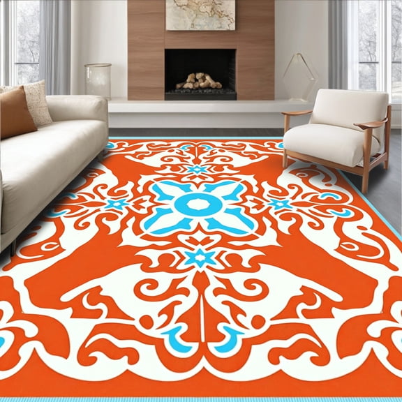 ODIKA 5x7 Machine Washable Non-Slip Area Rug, Berber Constellation Abstract Swirl Medallion High Traffic Rug, Orange, 657086