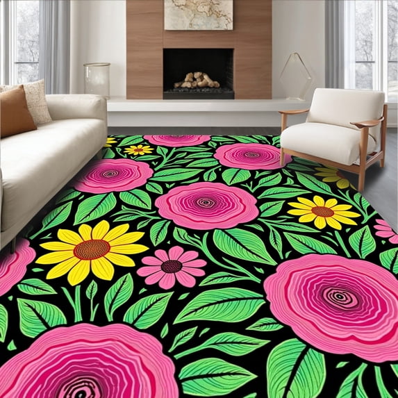 ODIKA 5'x7' Machine Washable Non-Slip Area Rug, Blooming Garden Flowers Yarn Crafting Kit with Printed Foundation High Traffic Rug with Pad, Black, 744122