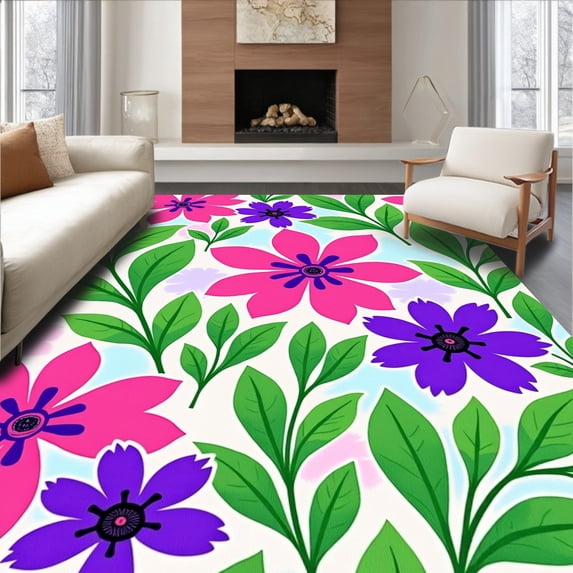 ODIKA 5'x7' Machine Washable Non-Slip Area Rug, Blooming Garden Watercolor Artistic Floral Leaf Botanical Accent High Traffic Rug with Pad, Pink, 663268