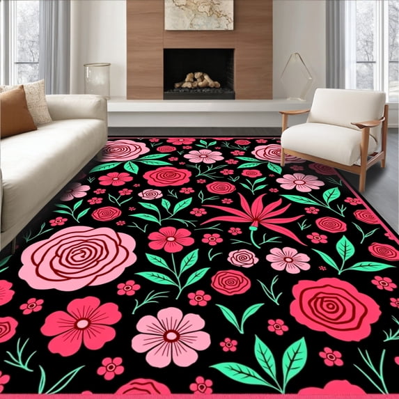 ODIKA 5'x7' Machine Washable Non-Slip Area Rug, Blooming Rose Garden Floral Tapestry with Romantic Petal Arrangements High Traffic Rug with Pad, Black, 577690
