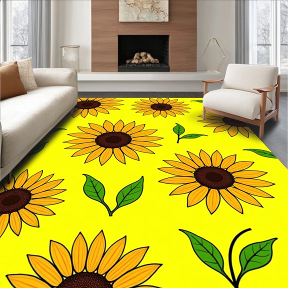 ODIKA 5x7 Machine Washable Non-Slip Area Rug, Blooming Sunflower Field Garden Bath with Petals Design High Traffic Rug, Yellow, 717595