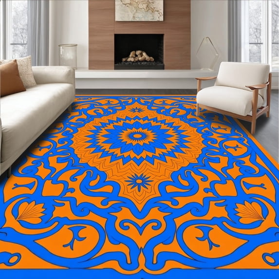 ODIKA 5'x7' Machine Washable Non-Slip Area Rug, Blossom Interlace with Art Nouveau Filigree Motifs High Traffic Rug, Orange, 352385