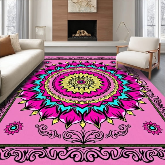 ODIKA 5'x7' Machine Washable Non-Slip Area Rug, Blossom Interlocking Art Nouveau Inspired Motif High Traffic Rug with Pad, Pink, 611346