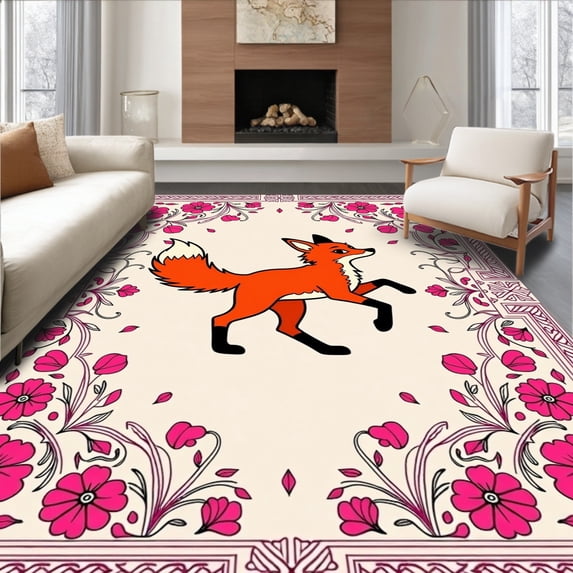 ODIKA 5'x7' Machine Washable Non-Slip Area Rug, Blossoming Wilderness Journey With Clever Critter High Traffic Rug with Pad, Orange, 440320
