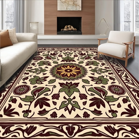 ODIKA 5'x7' Machine Washable Non-Slip Area Rug, Boho Floral Interlocking with Whimsical Petal Embellishments High Traffic Rug with Pad, Beige, 419338