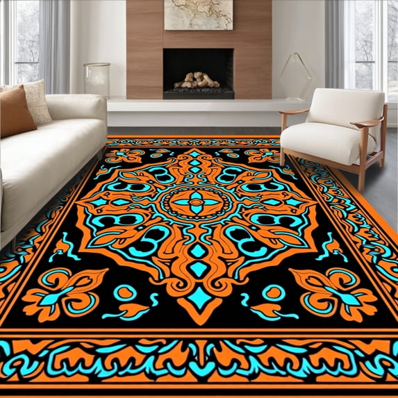 ODIKA 5'x7' Machine Washable Non-Slip Area Rug, Boho Medallion Pile High Traffic Rug, Orange, 352439