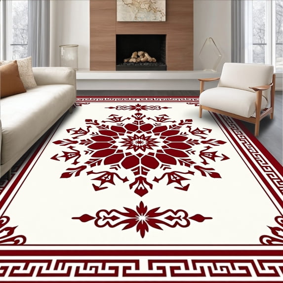 ODIKA 5'x7' Machine Washable Non-Slip Area Rug, Boho Winter Medallion with Snowburst Design High Traffic Rug, Red, 611862