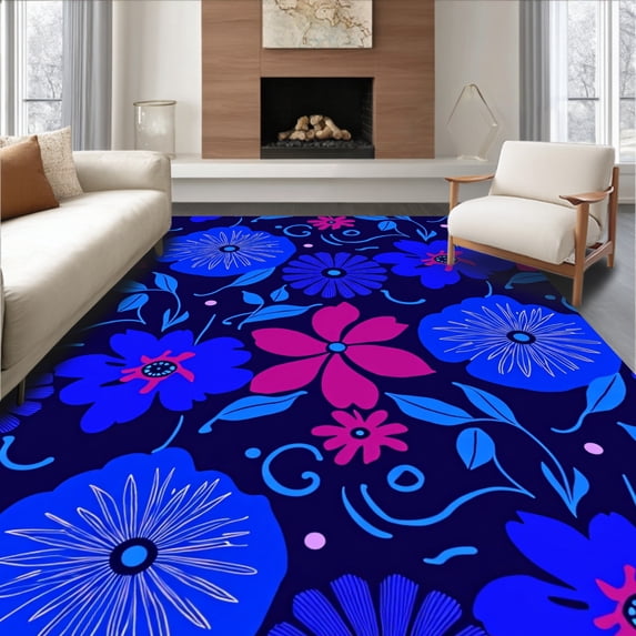 ODIKA 5'x7' Machine Washable Non-Slip Area Rug, Bold Floral High Traffic Rug, Blue, 365417
