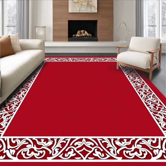 ODIKA 5'x7' Machine Washable Non-Slip Area Rug, Botanical Accented by Subtle Scrollwork and Contemporary Trim High Traffic Rug with Pad, Red, 588928