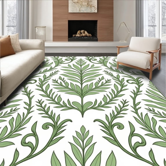 ODIKA 5'x7' Machine Washable Non-Slip Area Rug, Botanical Damask with Scrolling Vine Motifs Design High Traffic Rug with Pad, Green, 445133
