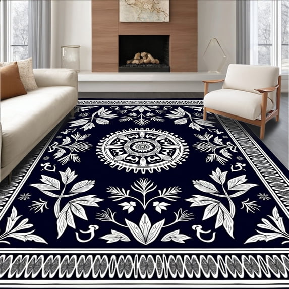 ODIKA 5'x7' Machine Washable Non-Slip Area Rug, Botanical Medallion with Contemporary Detailing High Traffic Rug with Pad, Black, 718352