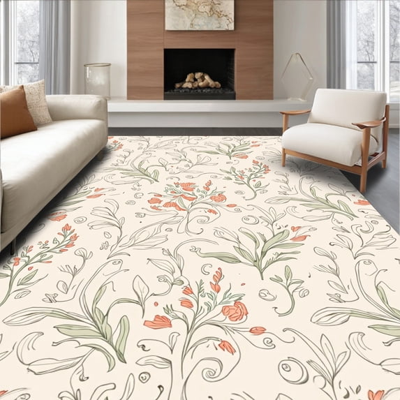 ODIKA 5'x7' Machine Washable Non-Slip Area Rug, Botanical Scroll Pet Safe Non Skid Stain Repellent Floor High Traffic Rug with Pad, Ivory, 478530