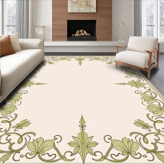 ODIKA 5'x7' Machine Washable Non-Slip Area Rug, Botanical Vine Interlocking Design with Subtle Baroque Flourish Detailing High Traffic Rug with Pad, Beige, 461230
