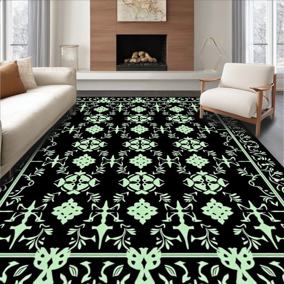 ODIKA 5'x7' Machine Washable Non-Slip Area Rug, Botanical Vine Lattice with Interlocking Motifs High Traffic Rug, Black, 573552