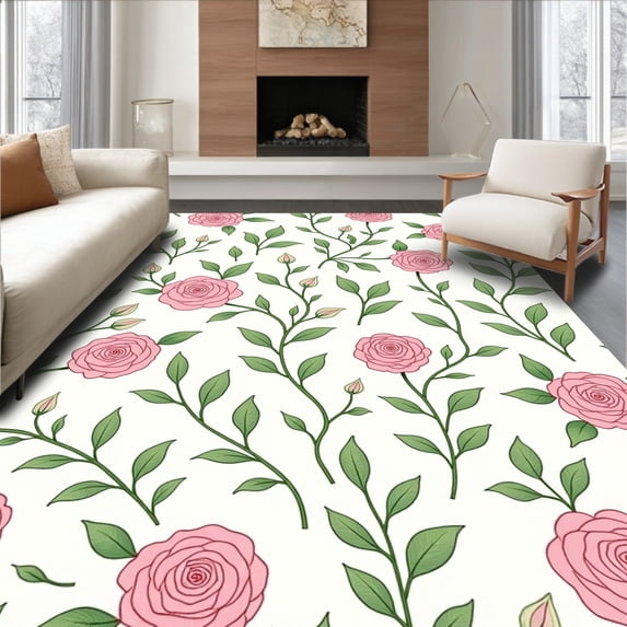 ODIKA 5'x7' Machine Washable Non-Slip Area Rug, Botanical Vine Scroll Accent with Intricate Floral Motifs High Traffic Rug with Pad, Pink, 450146