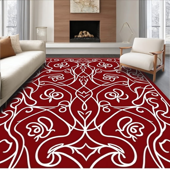 ODIKA 5'x7' Machine Washable Non-Slip Area Rug, Botanical Whorl with Stylized Vine Arcs and Delicate Filigree High Traffic Rug, Red, 616680