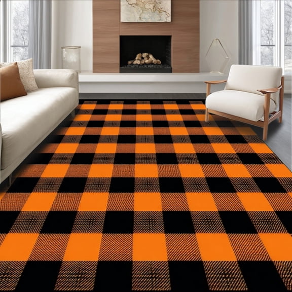 ODIKA 5'x7' Machine Washable Non-Slip Area Rug, Halloween Plaid Spooky Black & Orange with Pumpkin Design High Traffic Rug, Orange, 100603