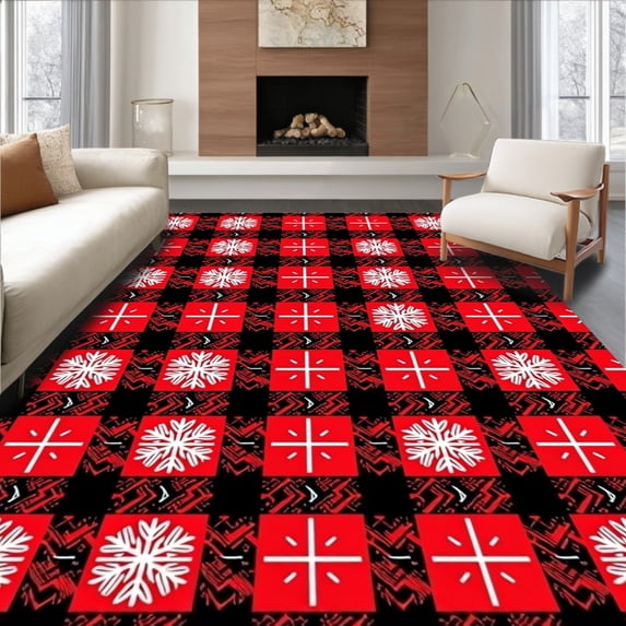 ODIKA 5'x7' Machine Washable Non-Slip Area Rug, Buffalo Plaid Patchwork with Nordic Snowflake Motif Holiday High Traffic Rug with Pad, Red, 651626