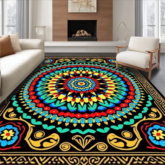ODIKA 5'x7' Machine Washable Non-Slip Area Rug, Burst Kaleidoscope Decorative High Traffic Rug, Black, 702981