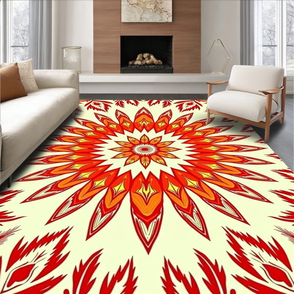 ODIKA 5'x7' Machine Washable Non-Slip Area Rug, Burst with Radiating Petal Formations and Central High Traffic Rug, Red, 478832
