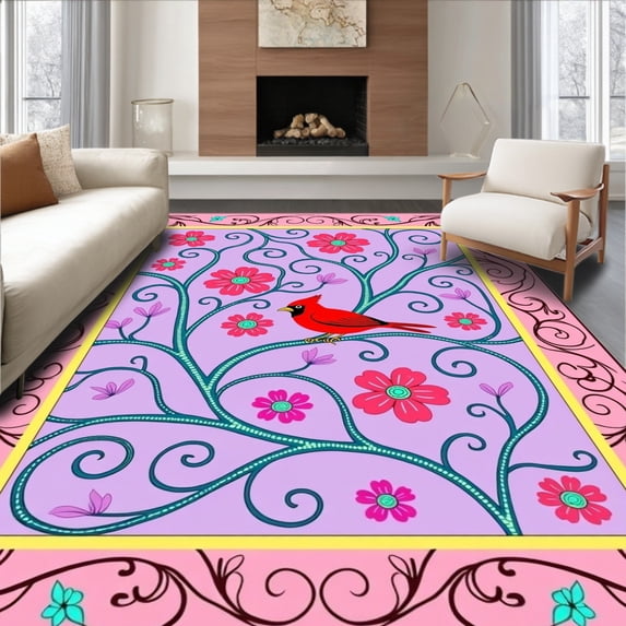 ODIKA 5'x7' Machine Washable Non-Slip Area Rug, Cardinal Meadow with Wildflower Scrolls and Interlocking Branches High Traffic Rug, Purple, 730993