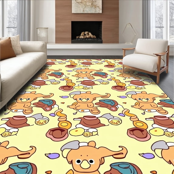 ODIKA 5'x7' Machine Washable Non-Slip Area Rug, Cartoon Bear and Honey Pot Interlocking Patchwork Design High Traffic Rug, Yellow, 719956