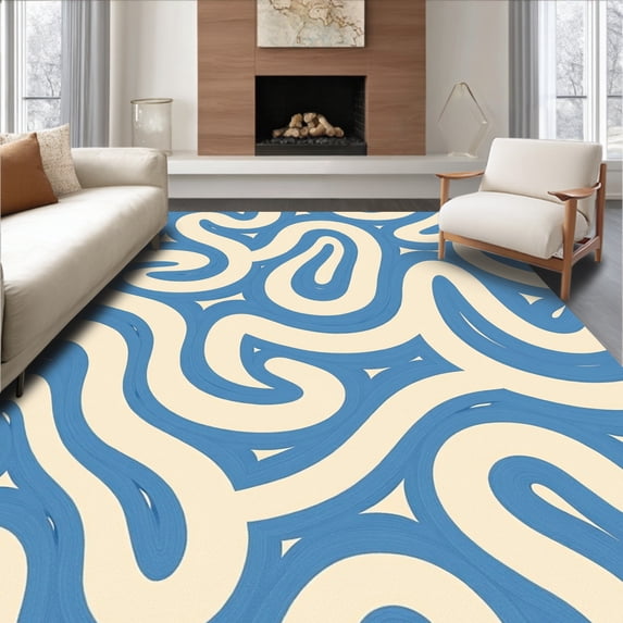 ODIKA 5'x7' Machine Washable Non-Slip Area Rug, Cascade Maze Abstract Interlocking Motif High Traffic Rug with Pad, Blue, 659413